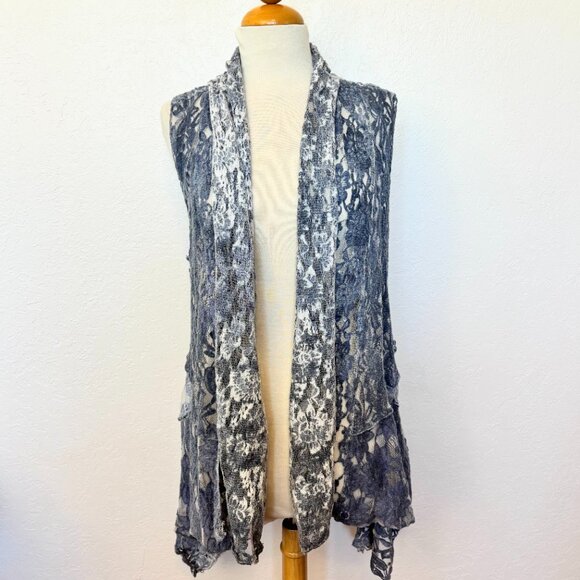 Womans long lace open vest SZ LG Hi Low sides BOHO overtop Slate blue - Picture 2 of 7